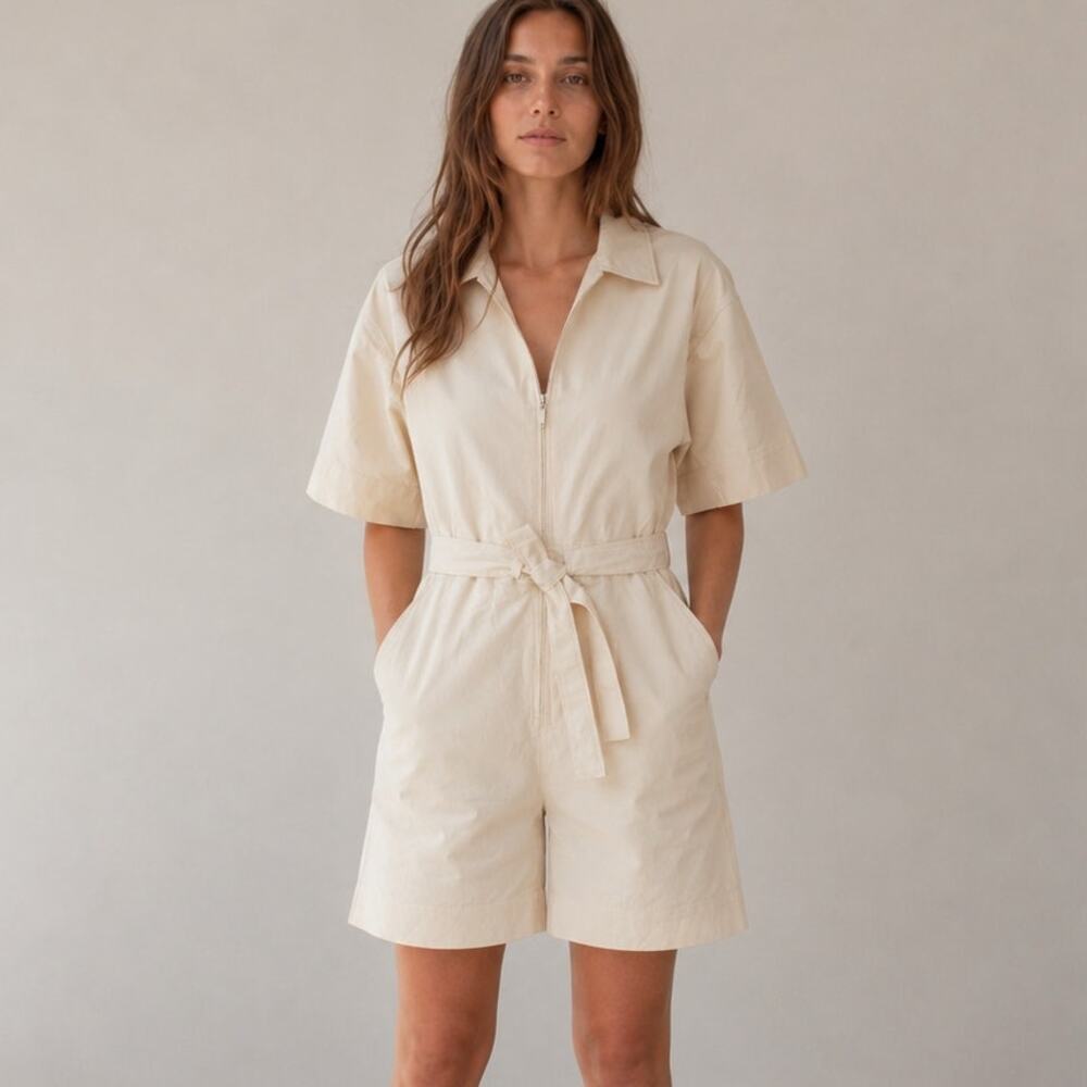 Lime Jumpsuit Womens S Ivory Linen Short Sleeve V-neck Zip Mid-thigh Catsuit